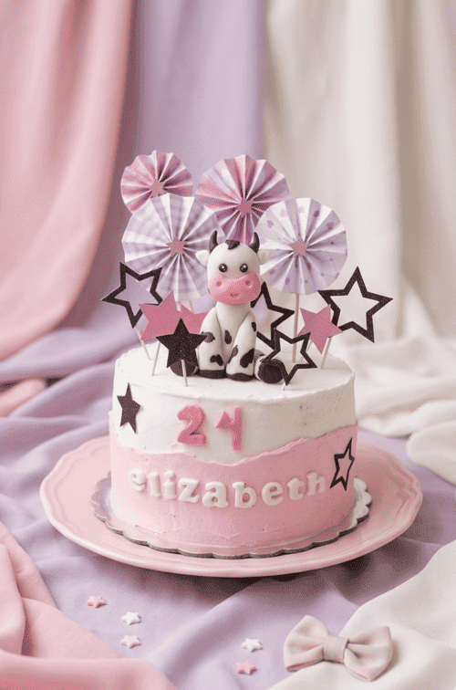 pastel temática vaquita bebé con decoraciones en tonos rosas pastel y betún blanco con rosa, letras y números con fondant