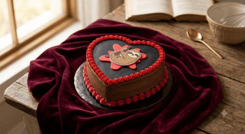 foto de pastel en forma de corazón temática de corrido tumbados con fondo de tela arriba de una mesa de madera