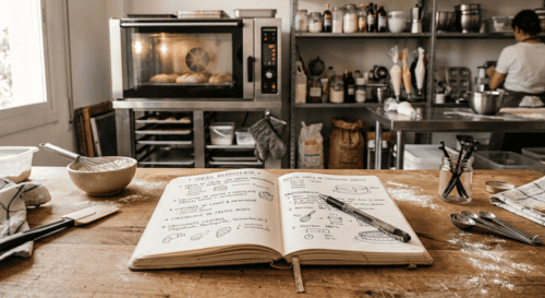 cuaderno con apuntes de repostería, en taller de pastelería casera
