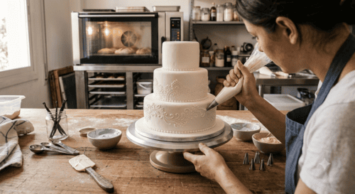 decorando un pastel blanco de tres pisos