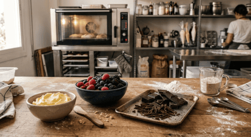 chocolate amargo picado, mantequilla y frutos rojos arriba de la mesa en un taller repostero