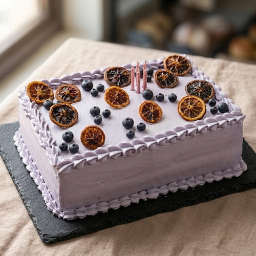 Pastel Ruso de crema color lila, con decoracion de limones amarillos caramelizados, arandanos frescos y 5 velas rosas
