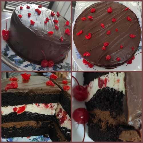 pastel Diablo, bizcocho de chocolate húmedo, relleno de chocolate blanco con cereza y de chocolate semi amargo, cubierto de ganache de chocolate semiamargo con cereza