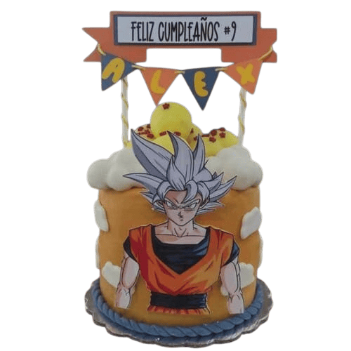 pastel de Goku con toppers y aplicaciones de fondant