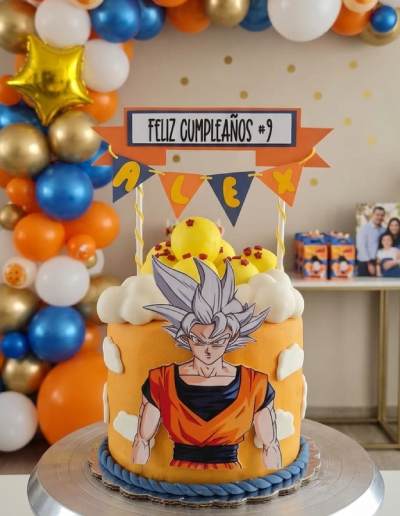 pastel Goku con decoración a juego a la temática del pastel